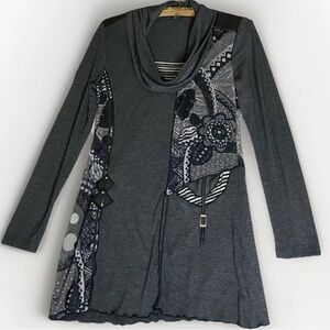 Vex Collection Patchwork Artsy Abstract Floral‎ Cowl Neck Grey Dress Soft Sz 38